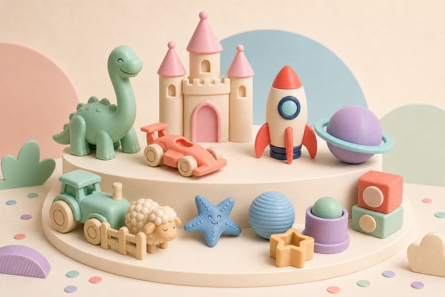 Peças 3D de temas de festa, com dinossauro, castelo, foguete, carrinho e brinquedos sensoriais